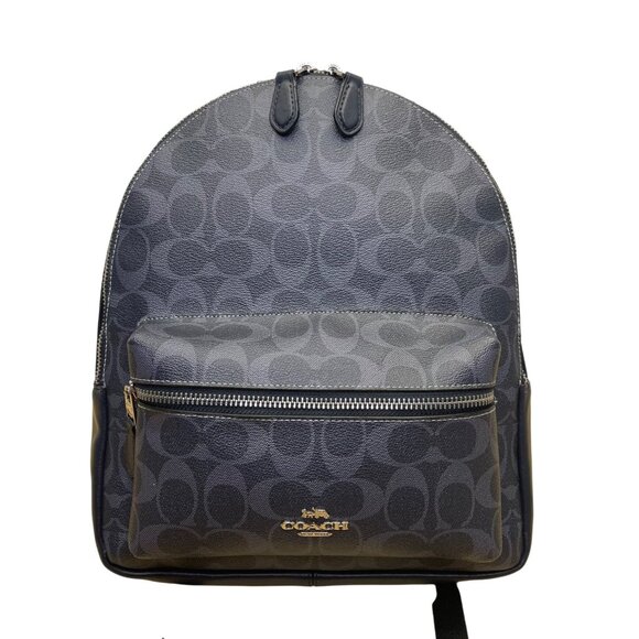 Coach Unisex Blue Navy Leather Signature With Front Zip Compartment Backpack - Picture 1 of 13